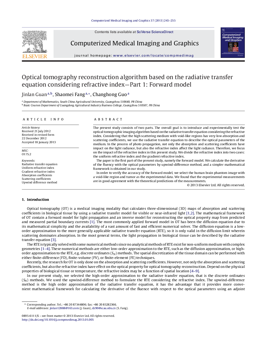 Optical tomography reconstruction algorithm based on the radiative transfer equation considering refractive index—Part 1: Forward model