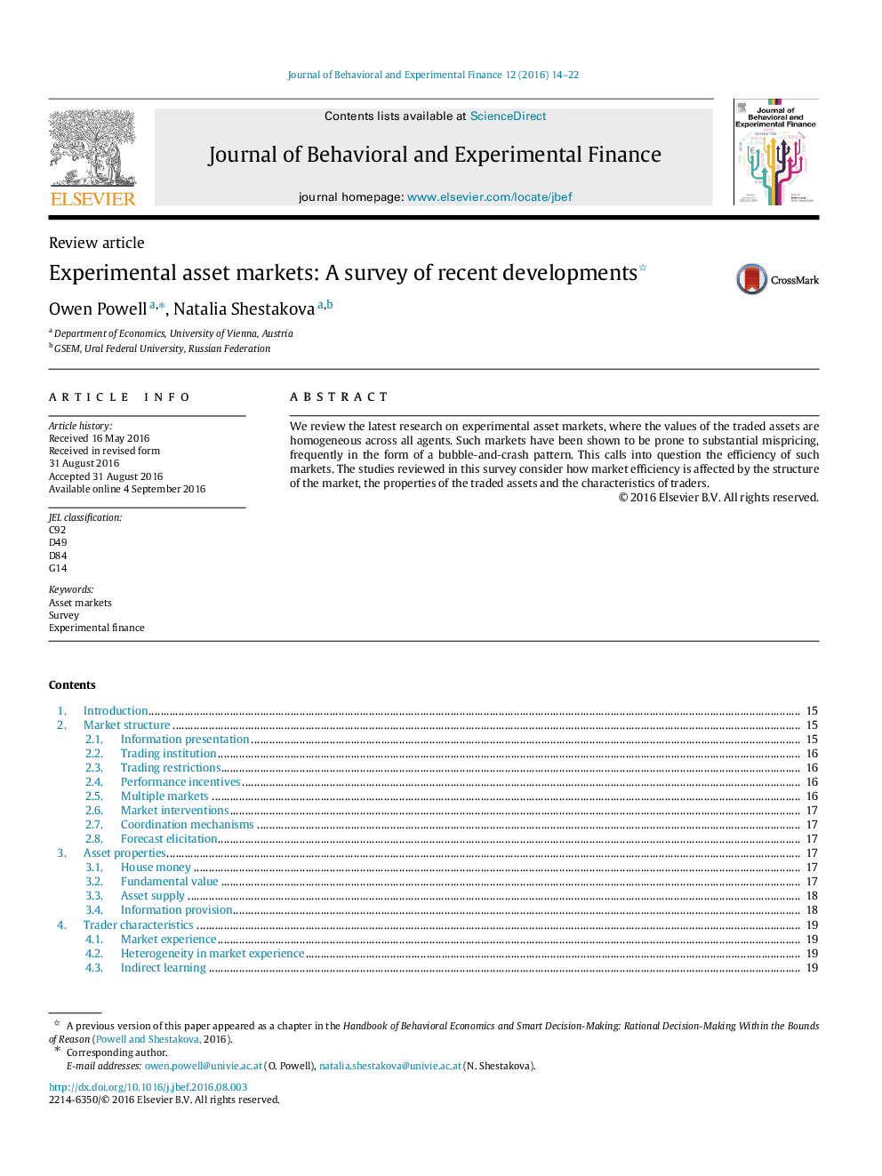 Experimental asset markets: A survey of recent developments