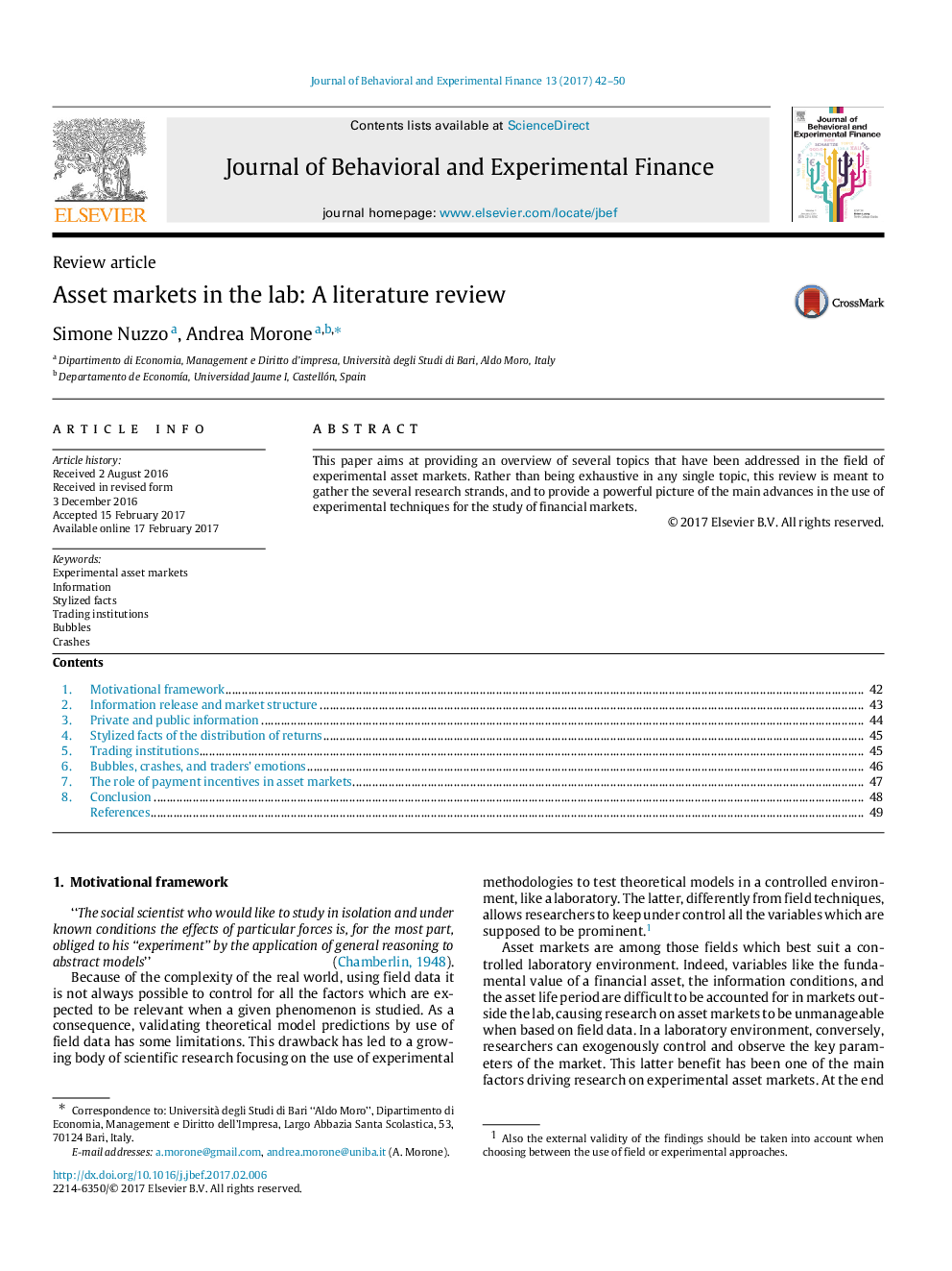 Asset markets in the lab: A literature review