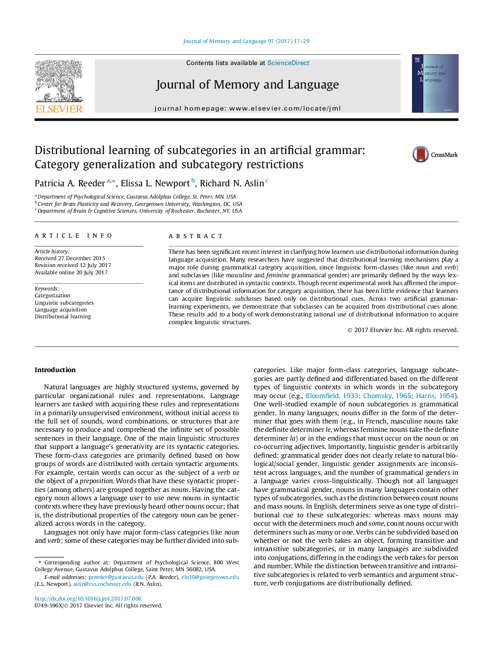 Distributional learning of subcategories in an artificial grammar: Category generalization and subcategory restrictions