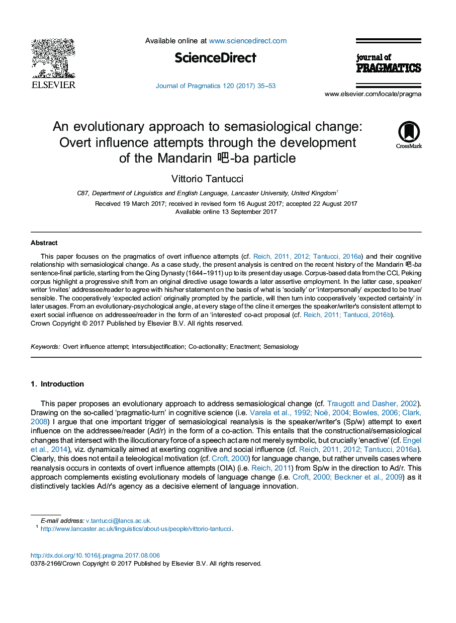 An evolutionary approach to semasiological change: Overt influence attempts through the development of the Mandarin å§-ba particle