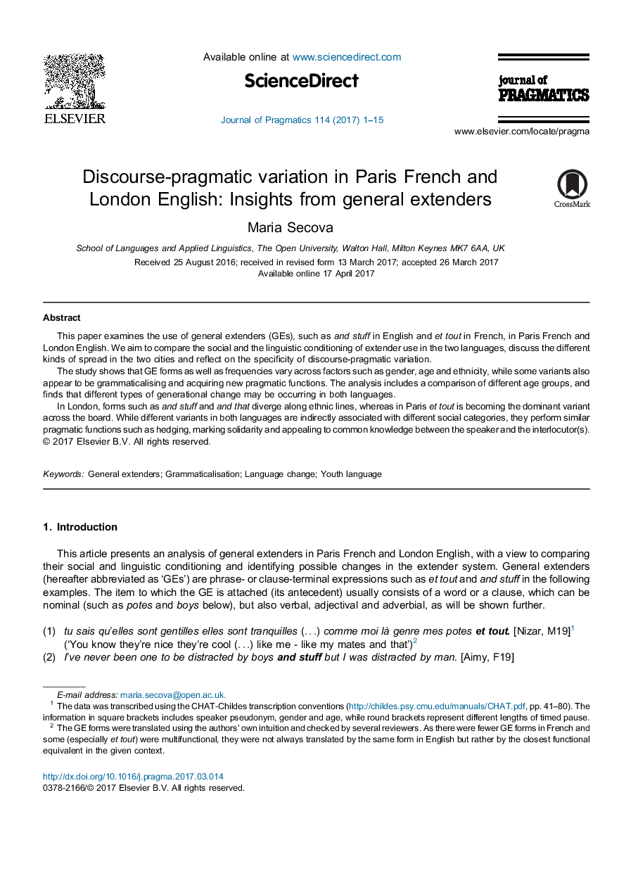 Discourse-pragmatic variation in Paris French and London English: Insights from general extenders