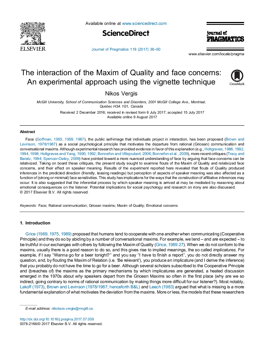 The interaction of the Maxim of Quality and face concerns: An experimental approach using the vignette technique