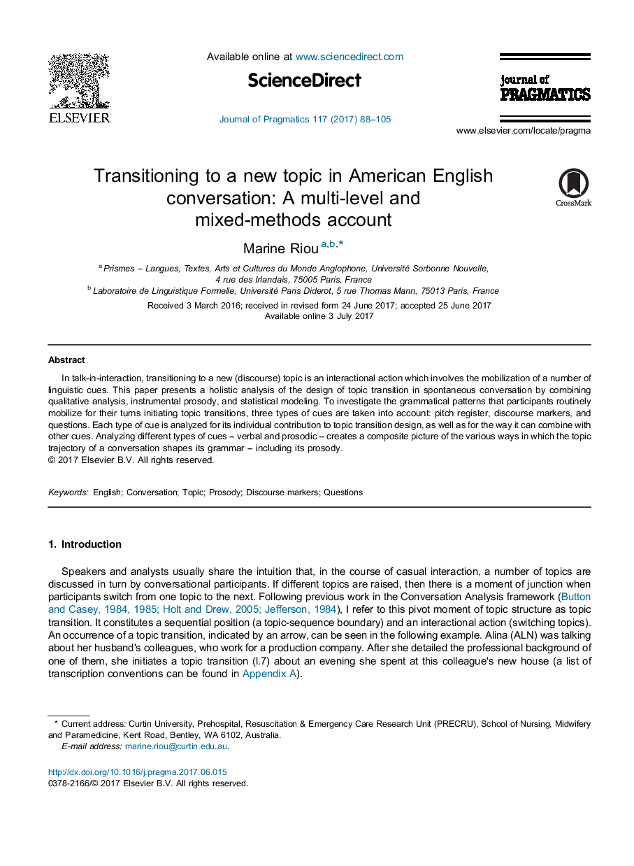 انتقال به یک موضوع جدید در مکالمه انگلیسی آمریکایی: یک حساب کاربری چند سطحی و مخلوط 