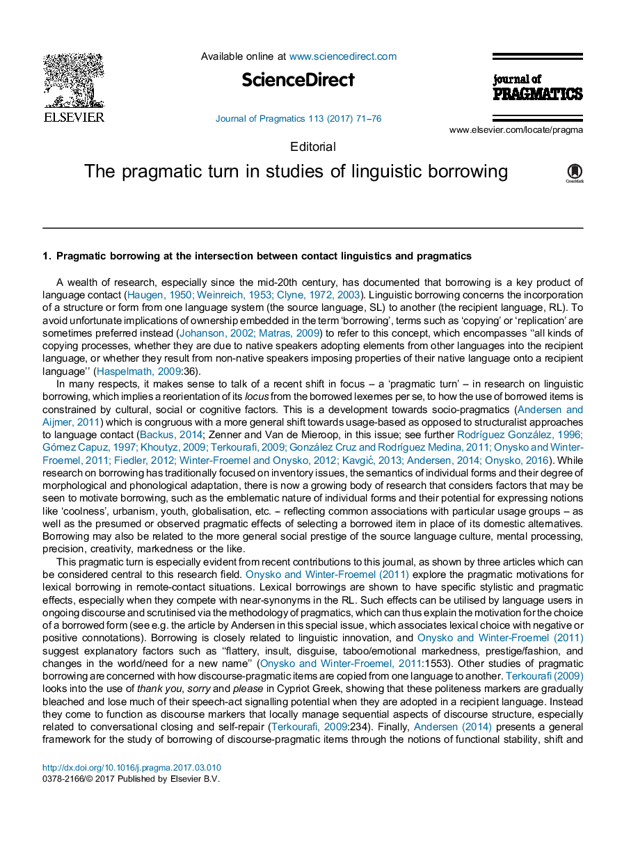 The pragmatic turn in studies of linguistic borrowing