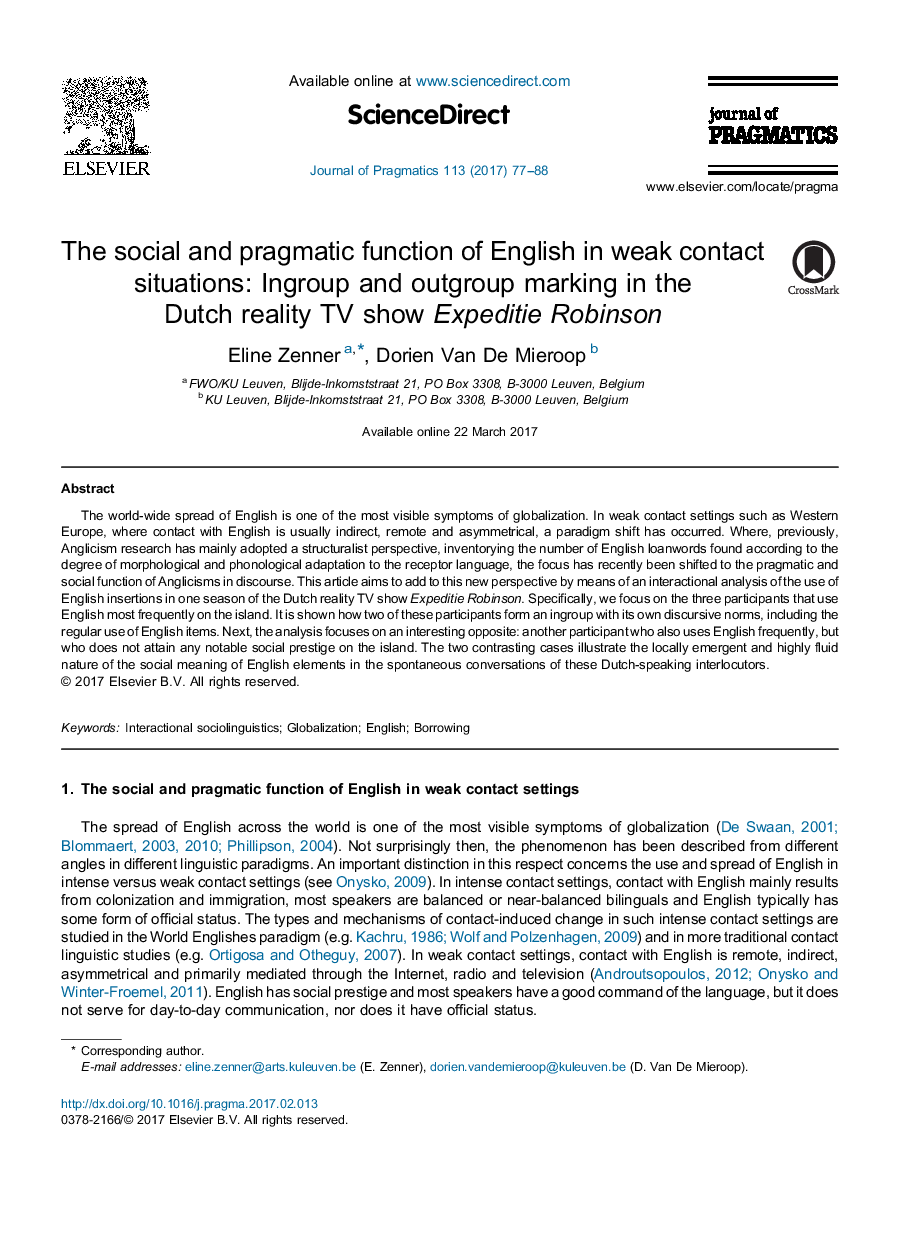 The social and pragmatic function of English in weak contact situations: Ingroup and outgroup marking in the Dutch reality TV show Expeditie Robinson