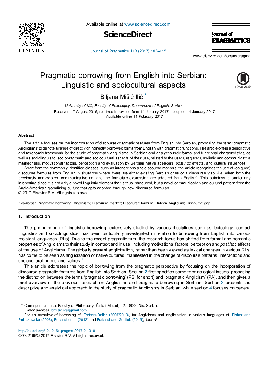 Pragmatic borrowing from English into Serbian: Linguistic and sociocultural aspects