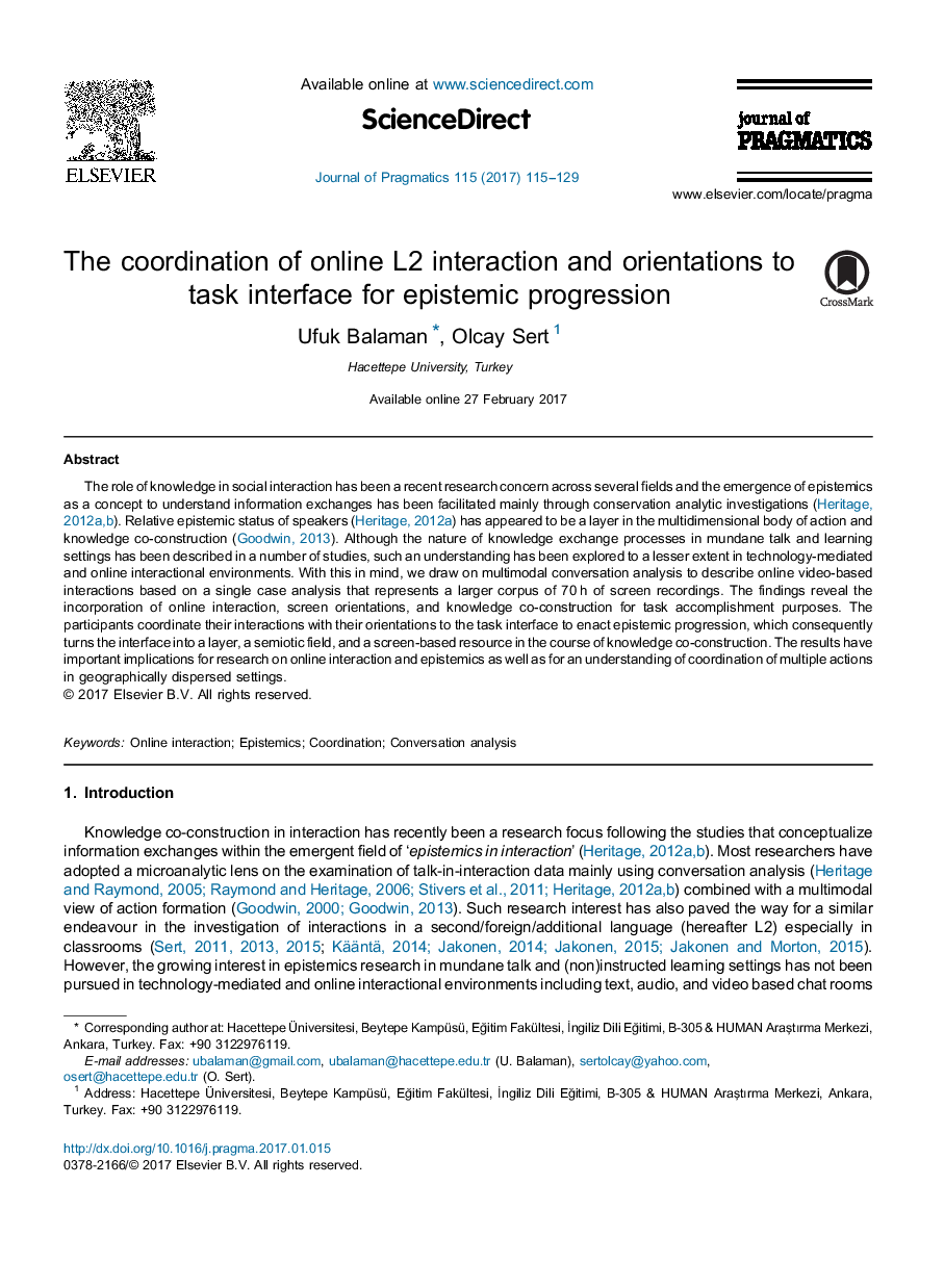 The coordination of online L2 interaction and orientations to task interface for epistemic progression