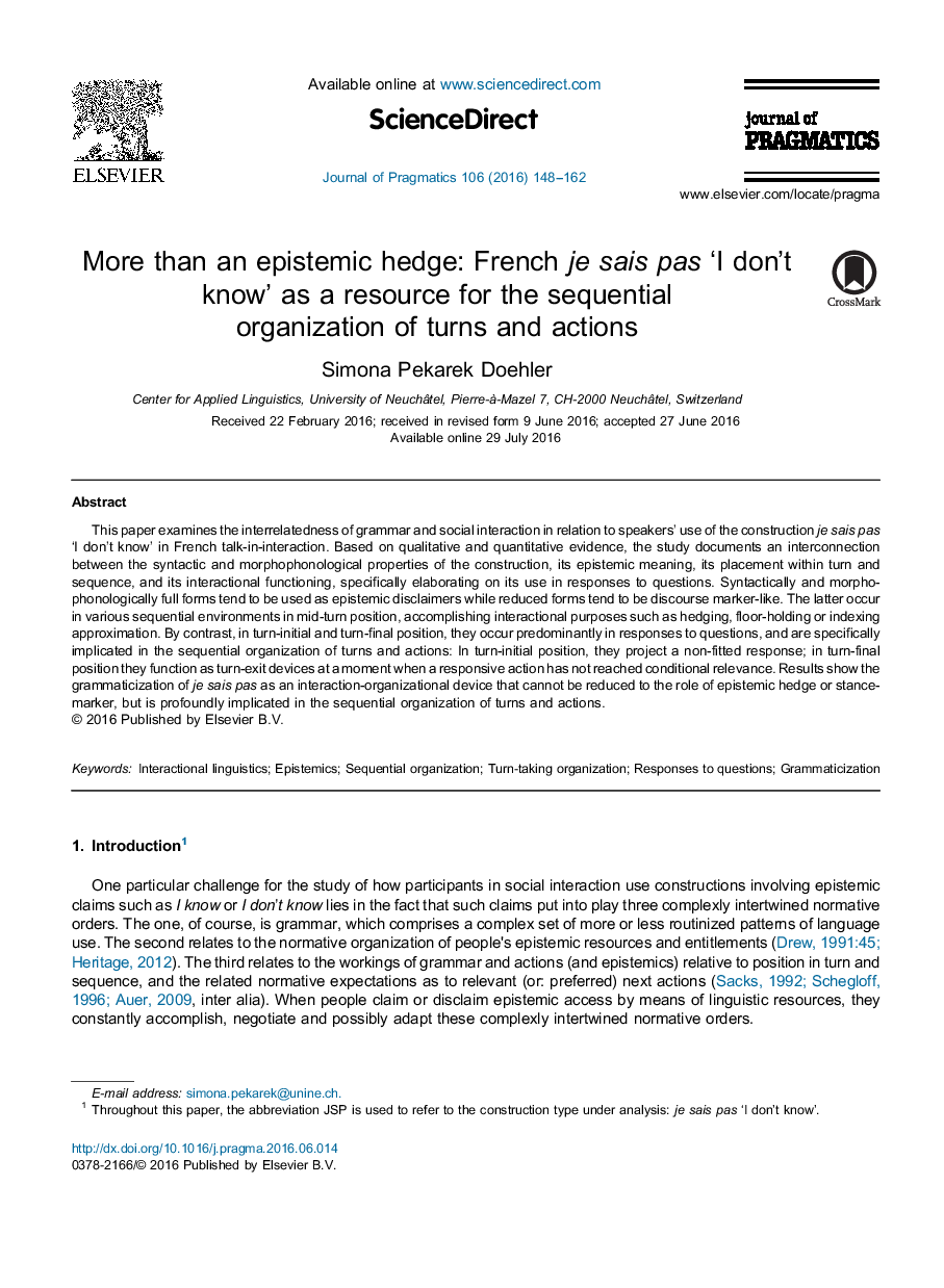 More than an epistemic hedge: French je sais pas 'I don't know' as a resource for the sequential organization of turns and actions