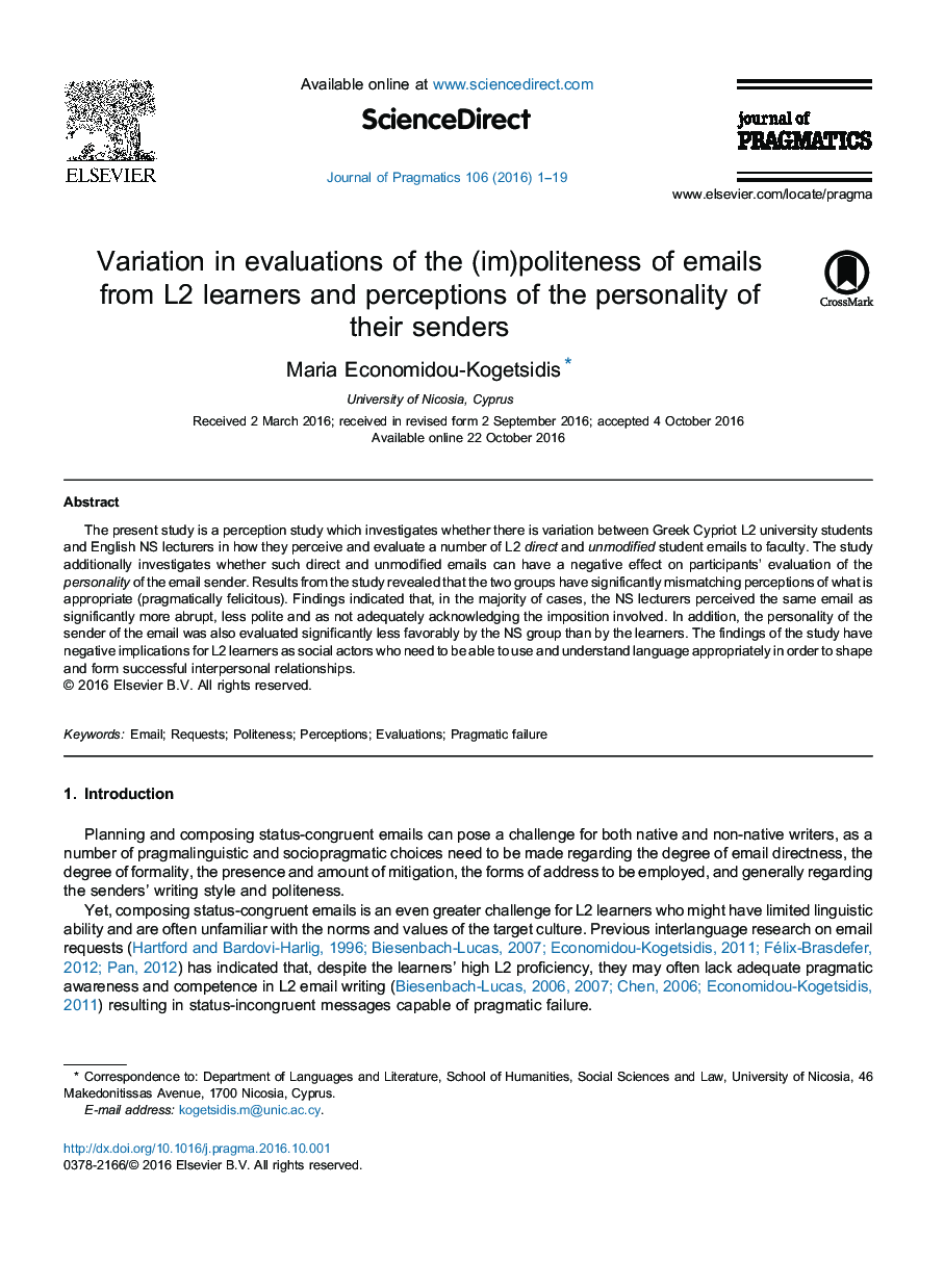 Variation in evaluations of the (im)politeness of emails from L2 learners and perceptions of the personality of their senders