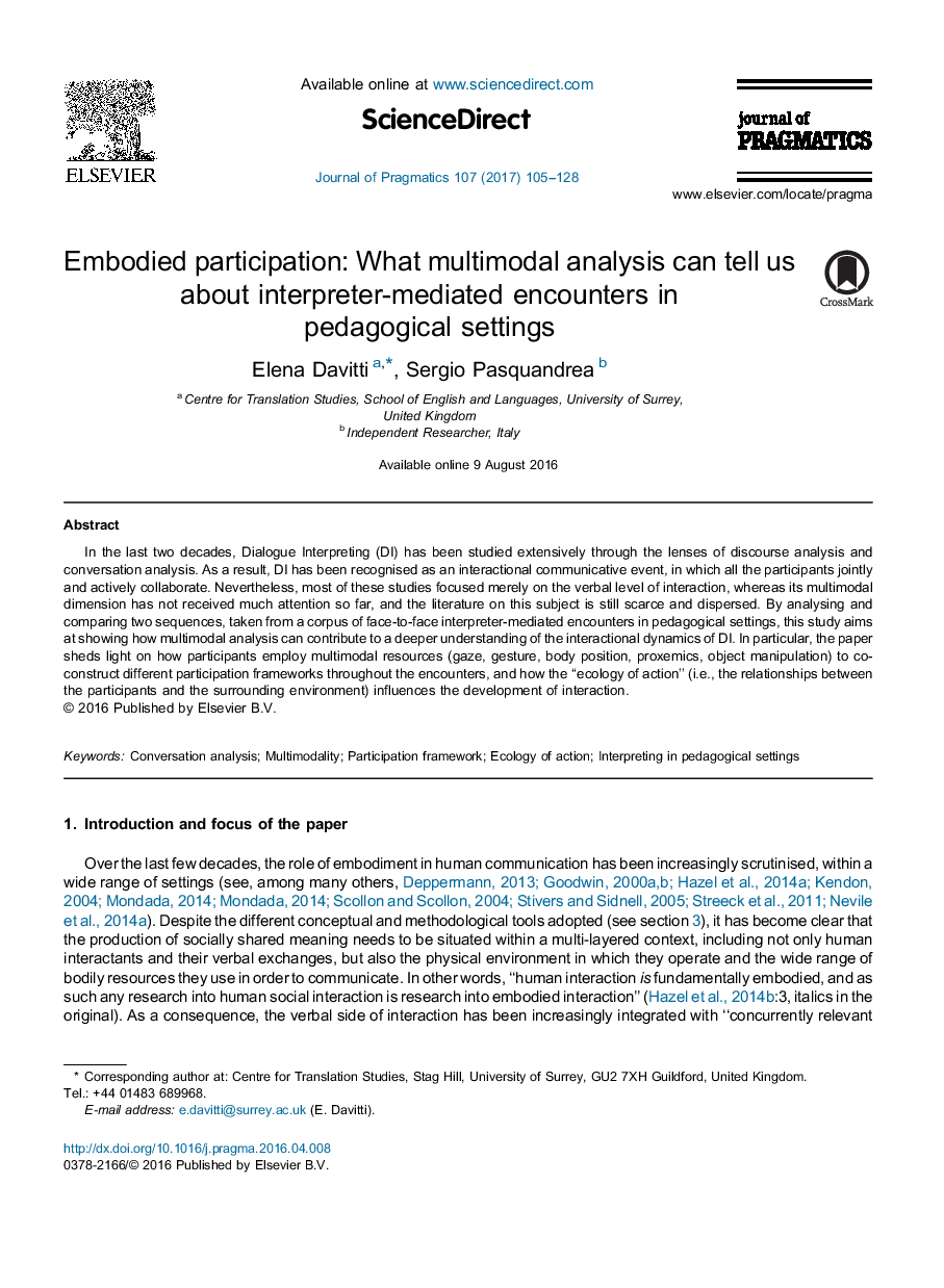 Embodied participation: What multimodal analysis can tell us about interpreter-mediated encounters in pedagogical settings