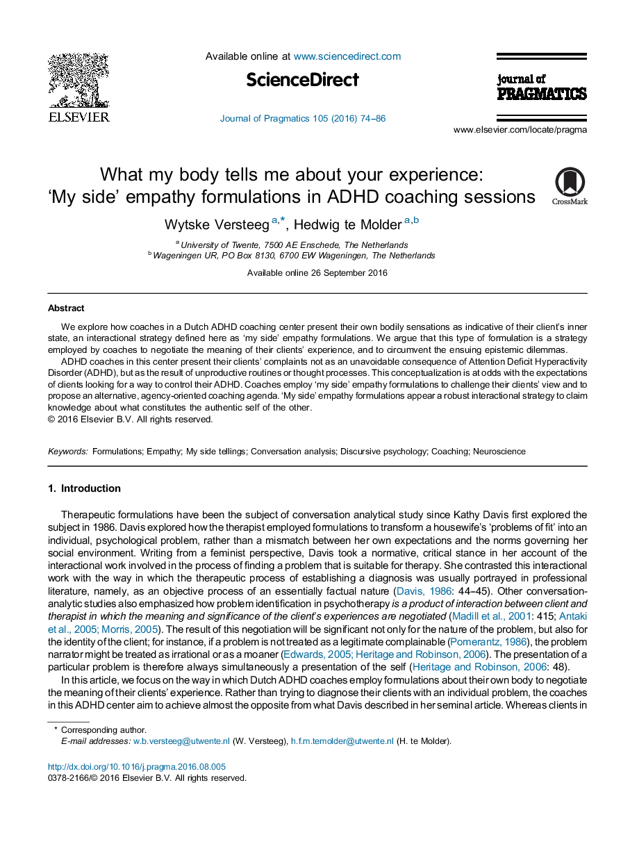 What my body tells me about your experience: 'My side' empathy formulations in ADHD coaching sessions