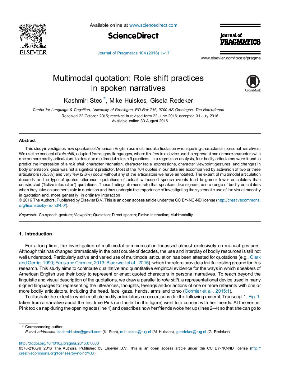 Multimodal quotation: Role shift practices in spoken narratives