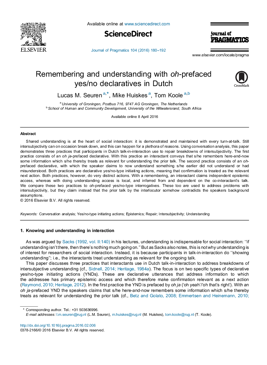 Remembering and understanding with oh-prefaced yes/no declaratives in Dutch