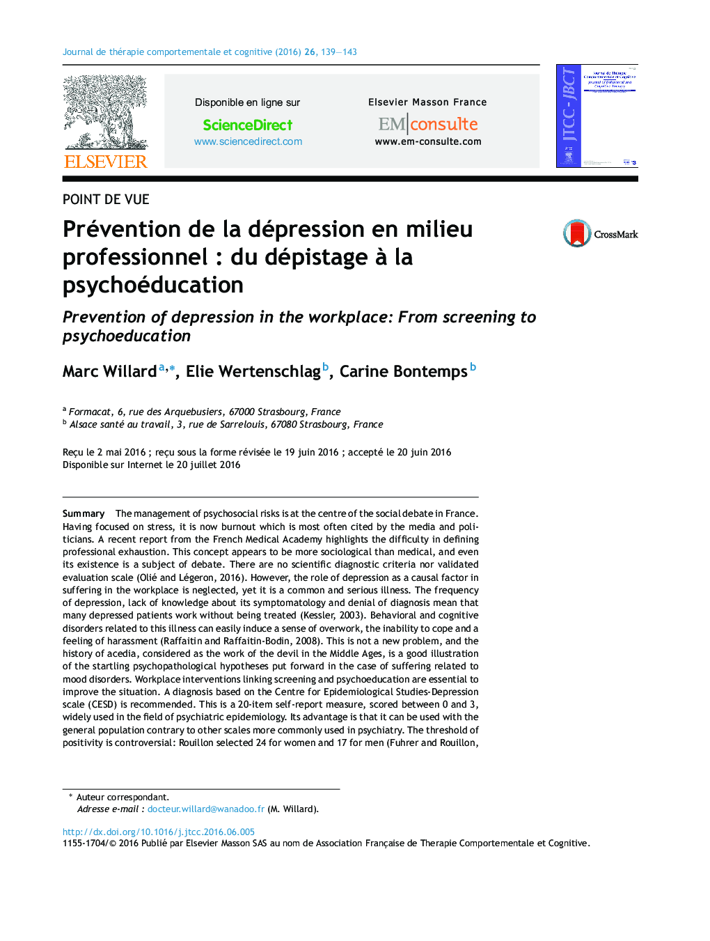 Prévention de la dépression en milieu professionnelÂ : du dépistage Ã  la psychoéducation