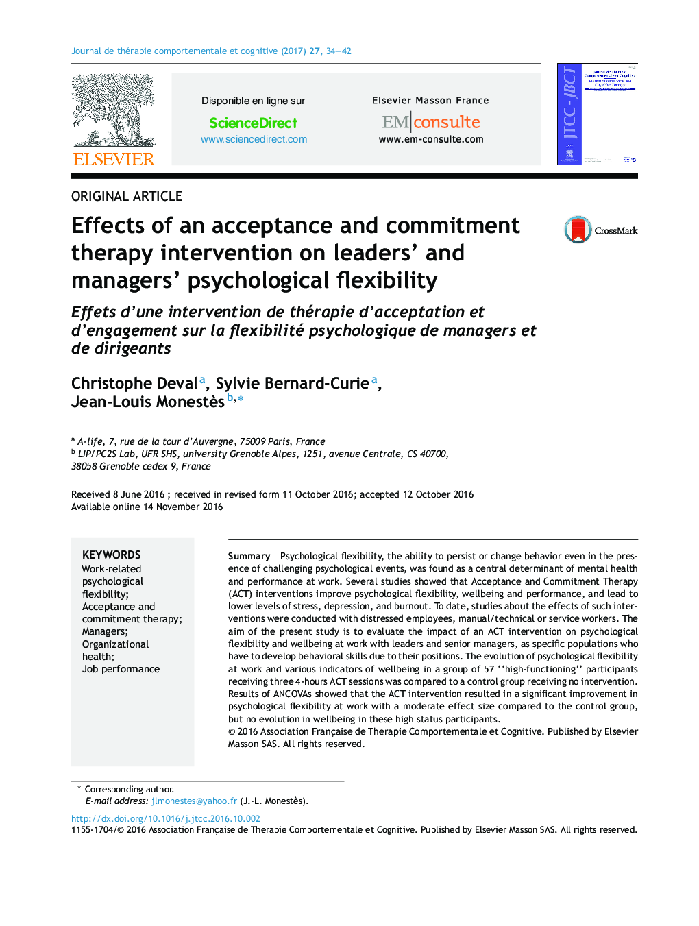 Effects of an acceptance and commitment therapy intervention on leaders' and managers' psychological flexibility