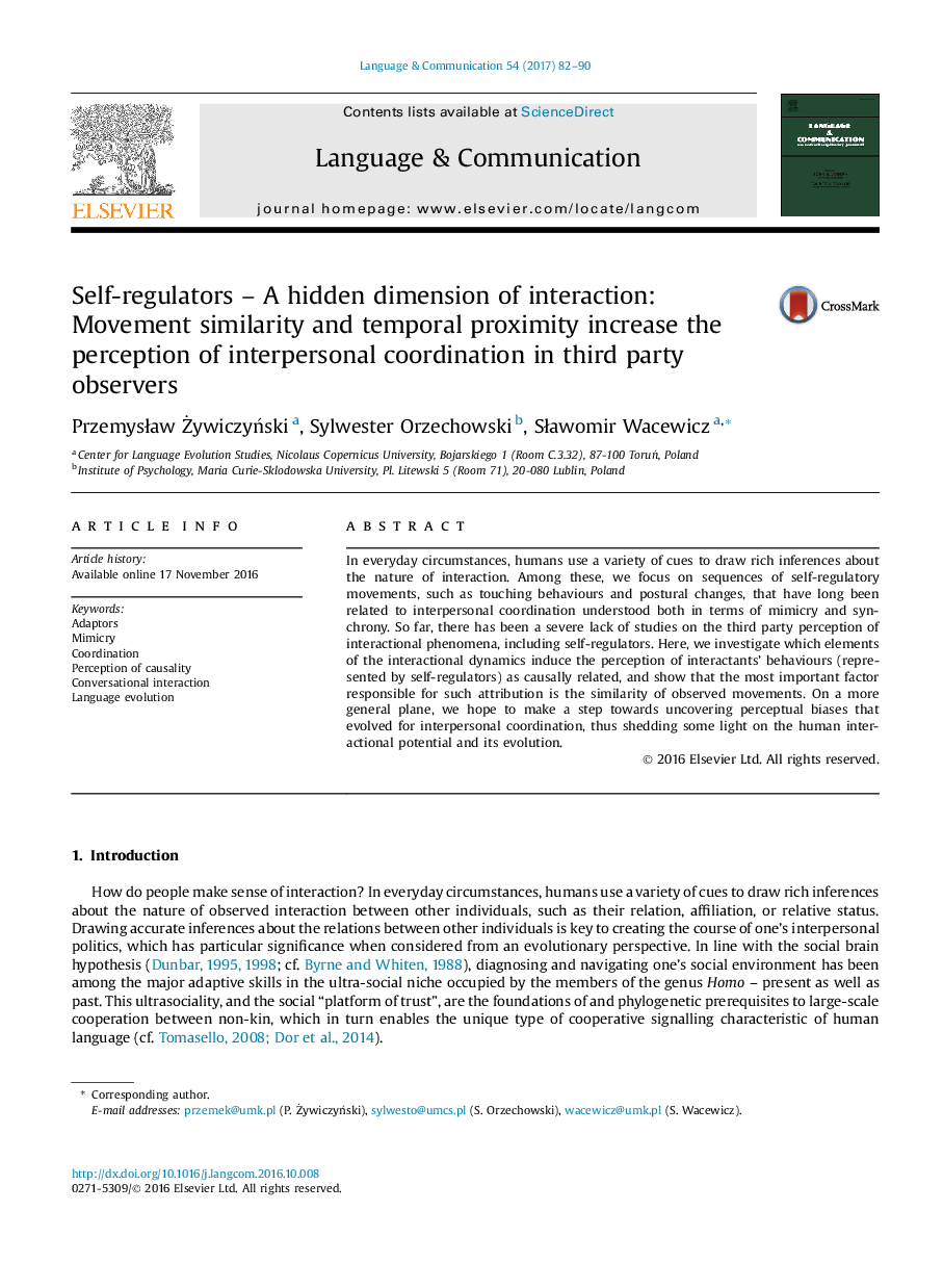 Self-regulators - A hidden dimension of interaction: Movement similarity and temporal proximity increase the perception of interpersonal coordination in third party observers