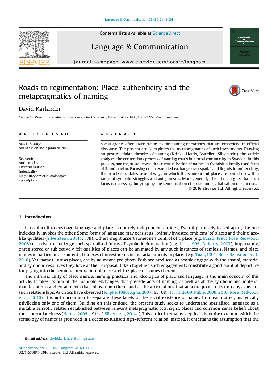 Roads to regimentation: Place, authenticity and the metapragmatics of naming