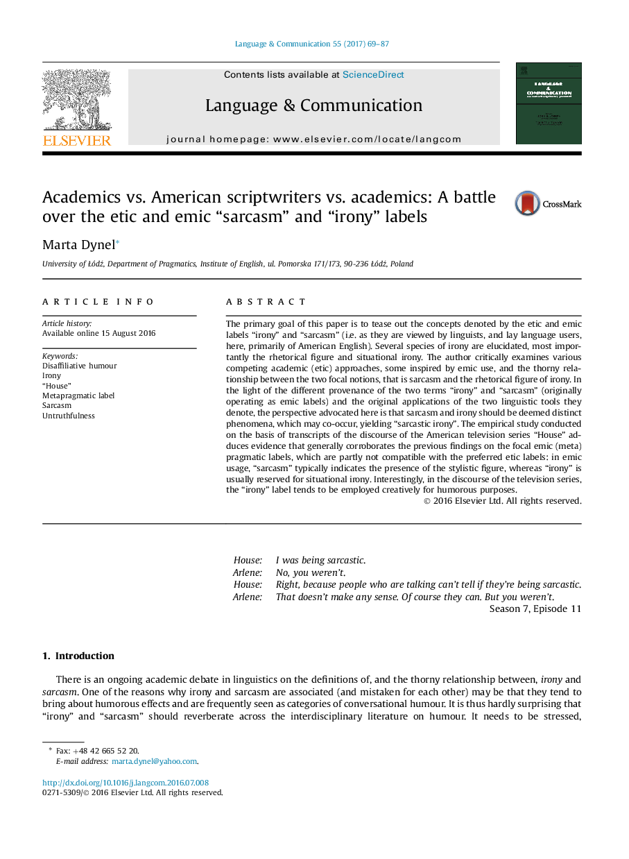 Academics vs. American scriptwriters vs. academics: A battle over the etic and emic “sarcasm” and “irony” labels