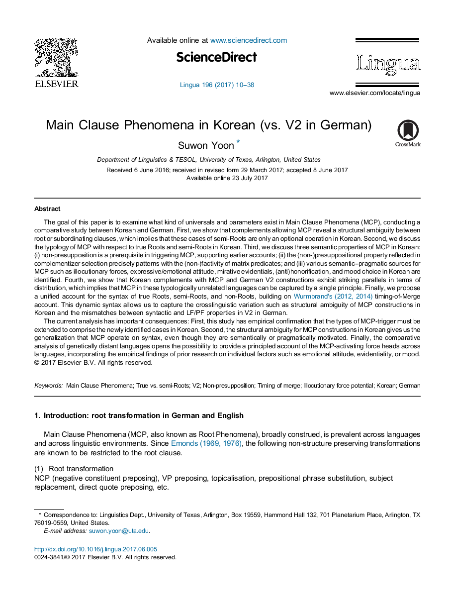 Main Clause Phenomena in Korean (vs. V2 in German)