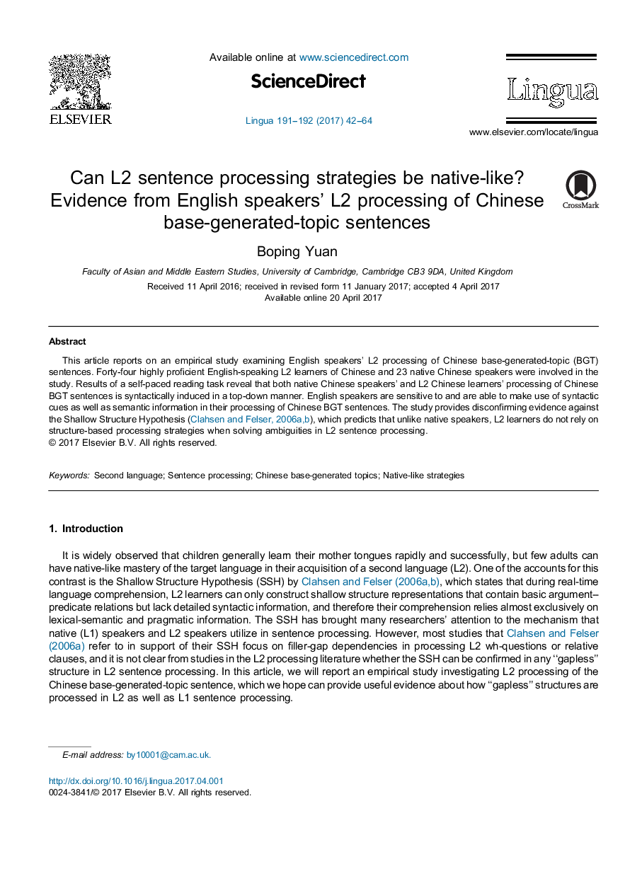 Can L2 sentence processing strategies be native-like? Evidence from English speakers' L2 processing of Chinese base-generated-topic sentences