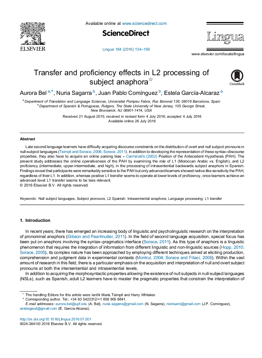 Transfer and proficiency effects in L2 processing of subject anaphora