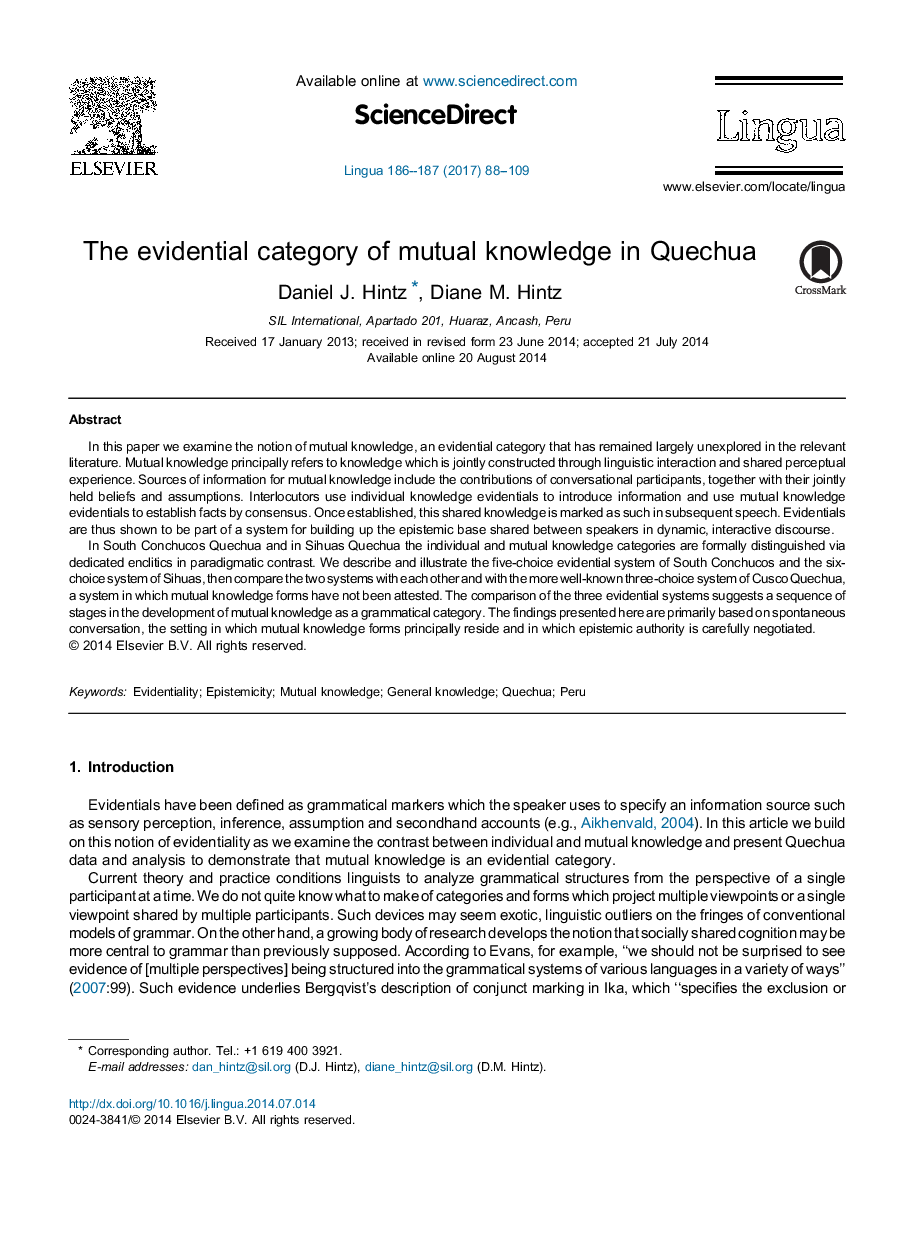 عکس صفحه اول مقاله: The evidential category of mutual knowledge in Quechua The evidential category of mutual knowledge in Quechua