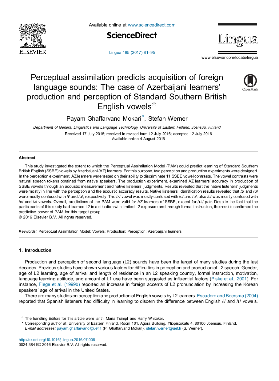 Perceptual assimilation predicts acquisition of foreign language sounds: The case of Azerbaijani learners' production and perception of Standard Southern British English vowels