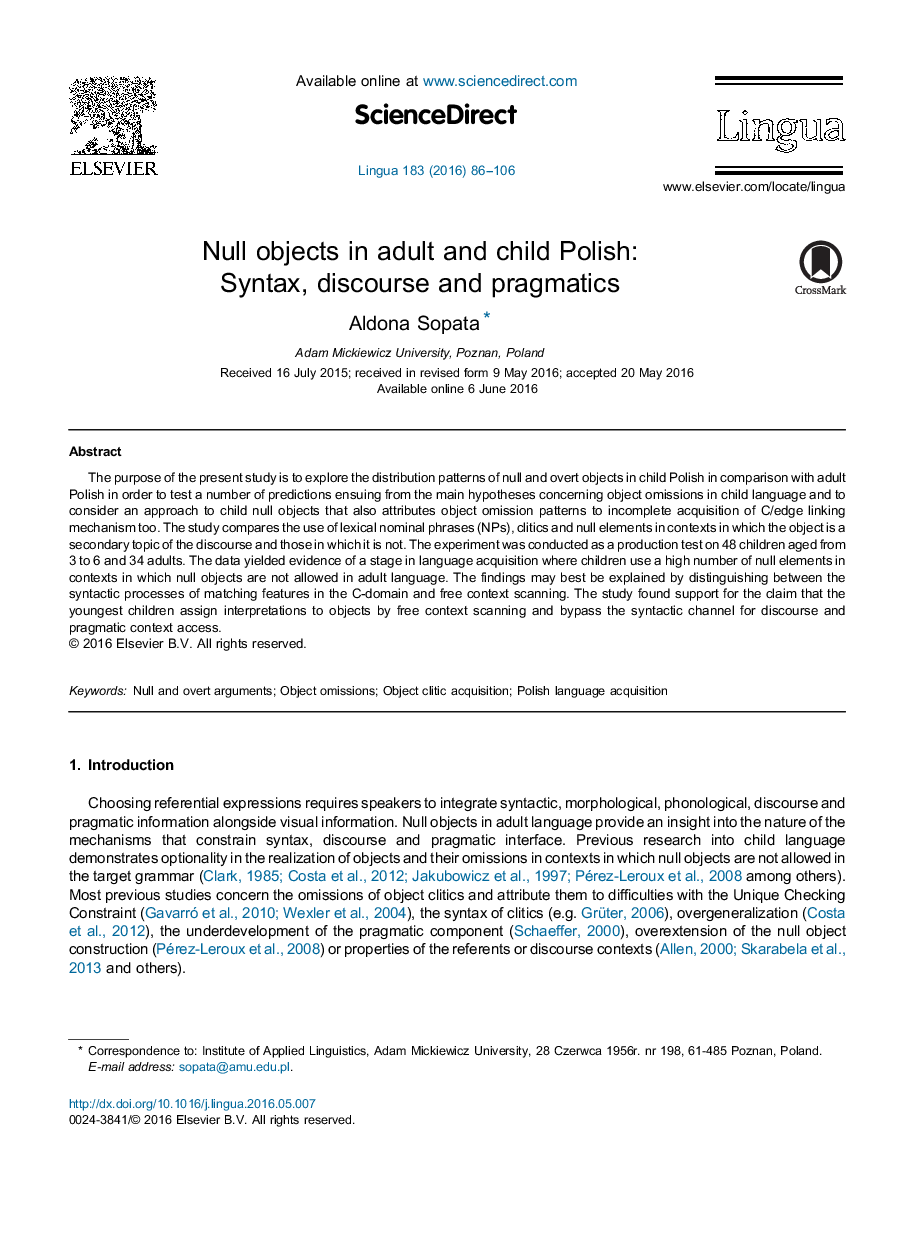 Null objects in adult and child Polish: Syntax, discourse and pragmatics