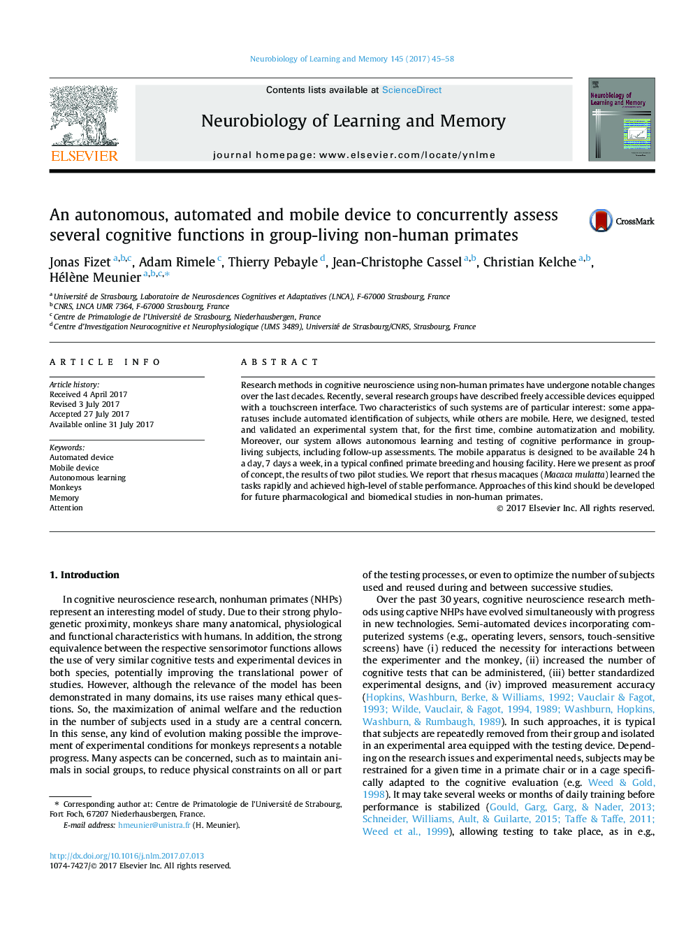 An autonomous, automated and mobile device to concurrently assess several cognitive functions in group-living non-human primates