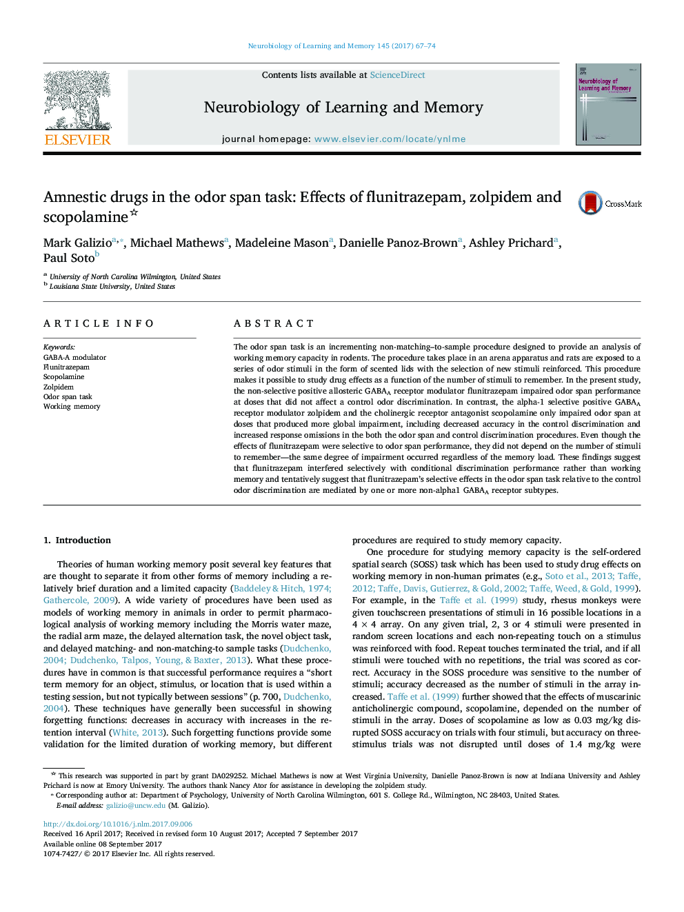 Amnestic drugs in the odor span task: Effects of flunitrazepam, zolpidem and scopolamine