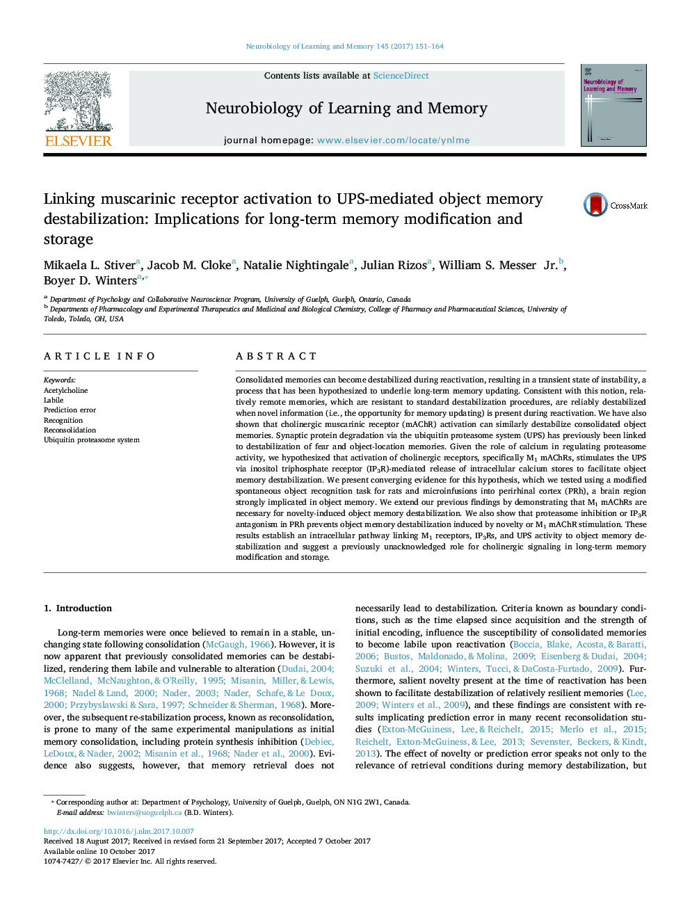 Linking muscarinic receptor activation to UPS-mediated object memory destabilization: Implications for long-term memory modification and storage