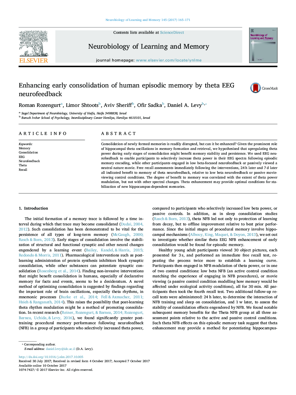 Enhancing early consolidation of human episodic memory by theta EEG neurofeedback