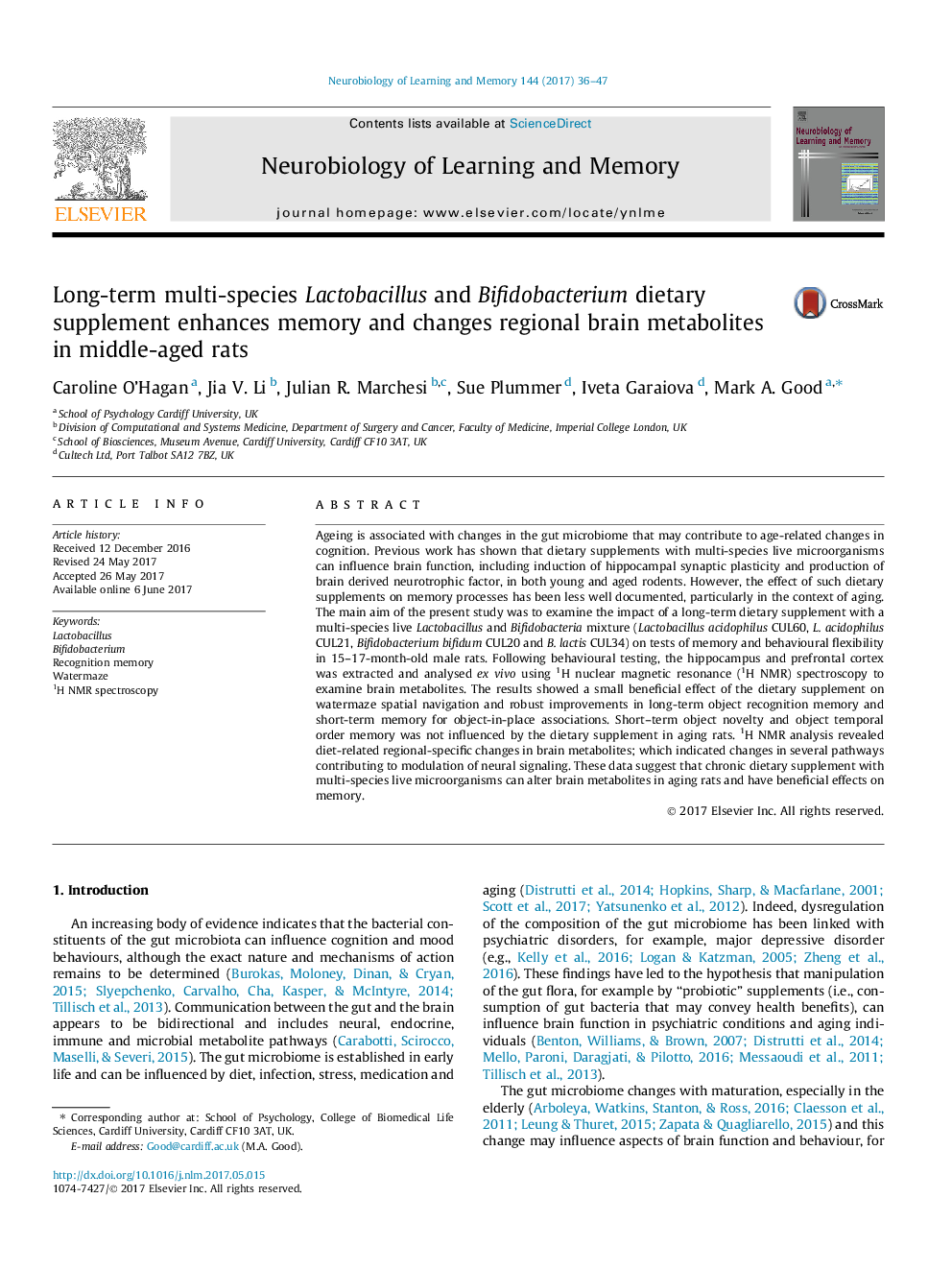 Long-term multi-species Lactobacillus and Bifidobacterium dietary supplement enhances memory and changes regional brain metabolites in middle-aged rats