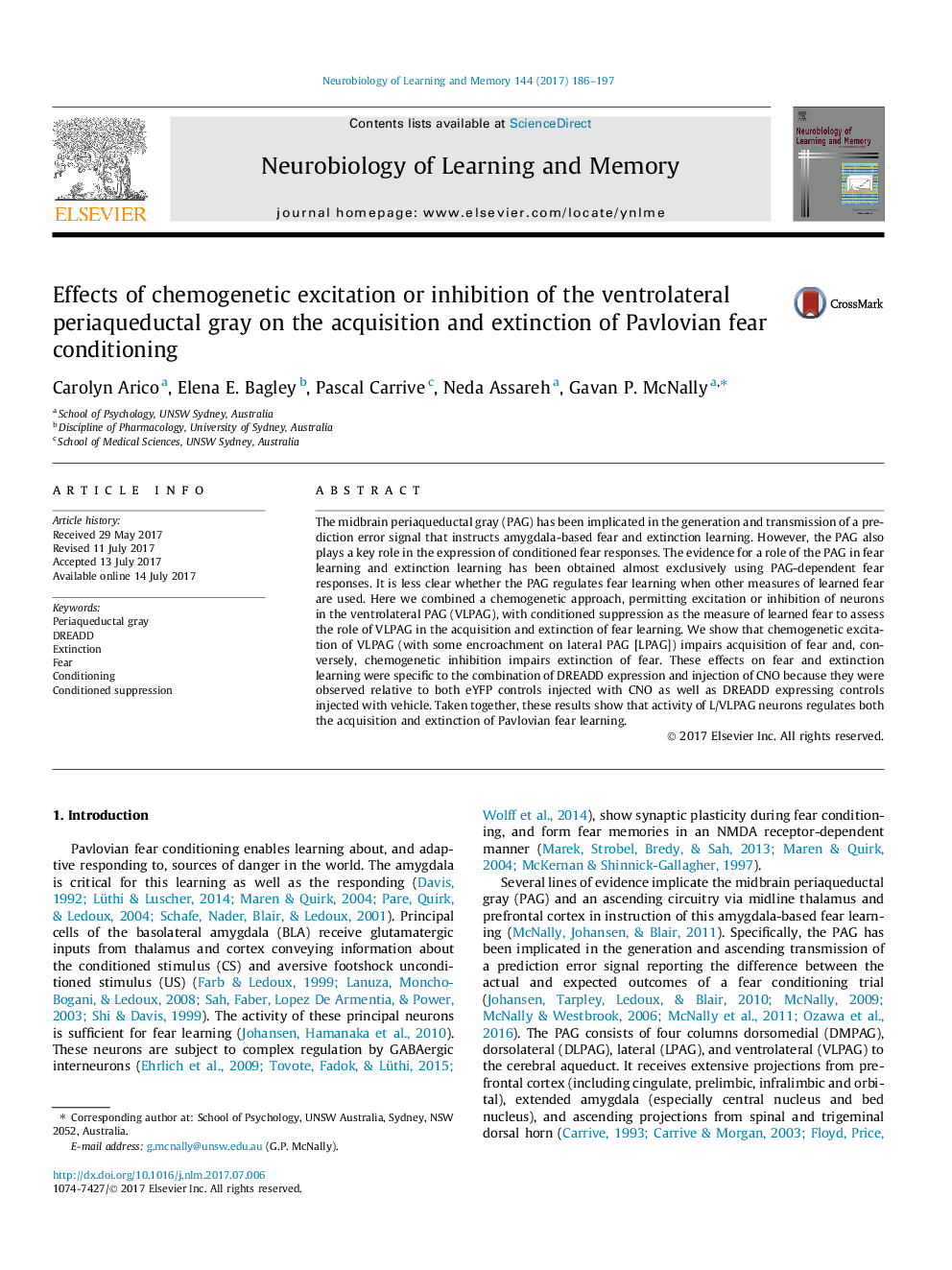 Effects of chemogenetic excitation or inhibition of the ventrolateral periaqueductal gray on the acquisition and extinction of Pavlovian fear conditioning