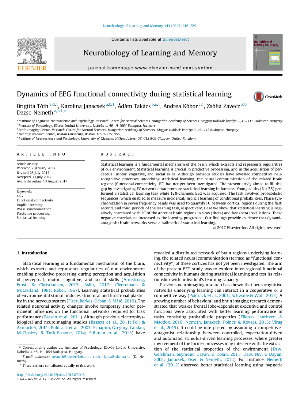 Dynamics of EEG functional connectivity during statistical learning