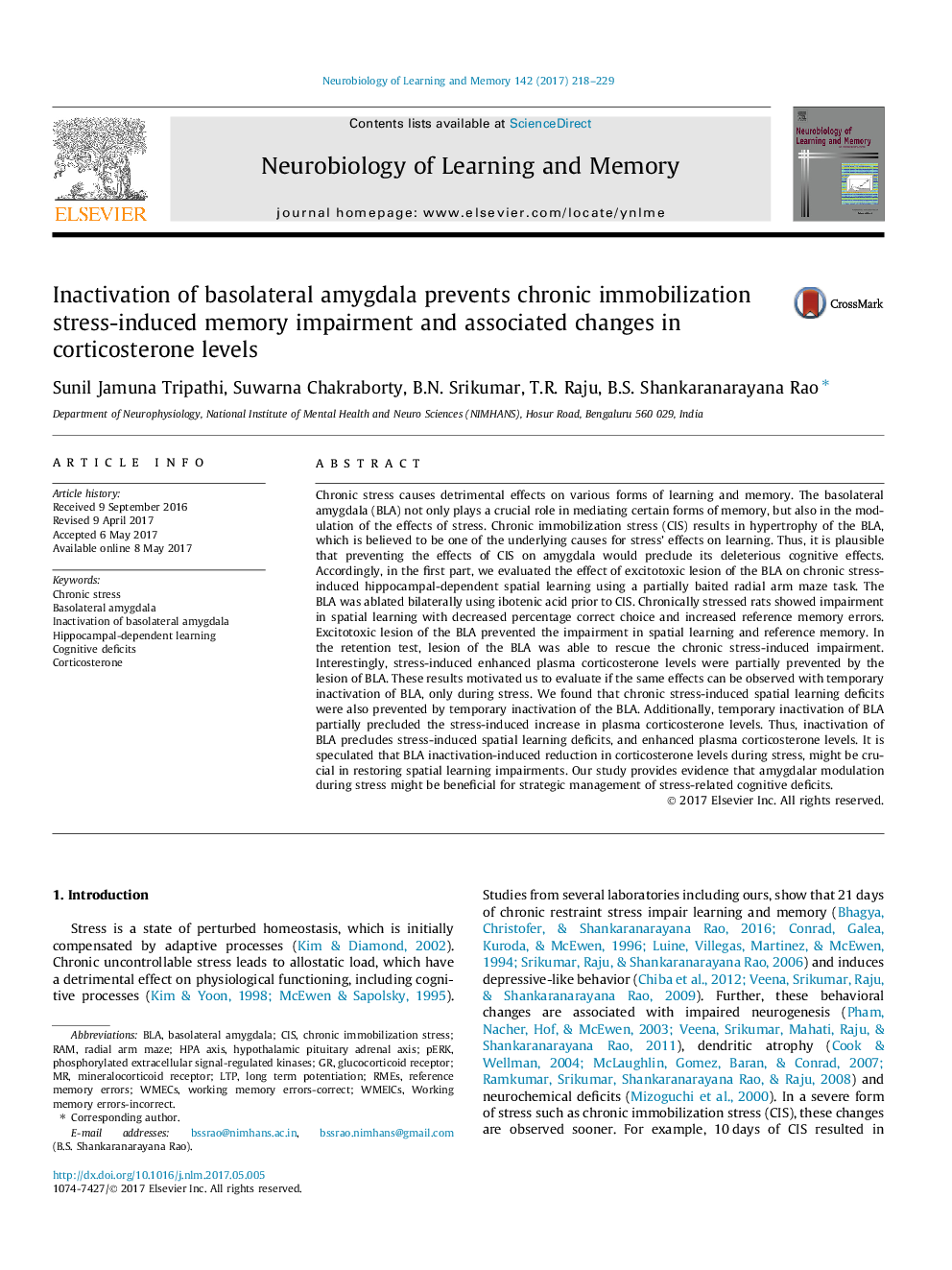 Inactivation of basolateral amygdala prevents chronic immobilization stress-induced memory impairment and associated changes in corticosterone levels