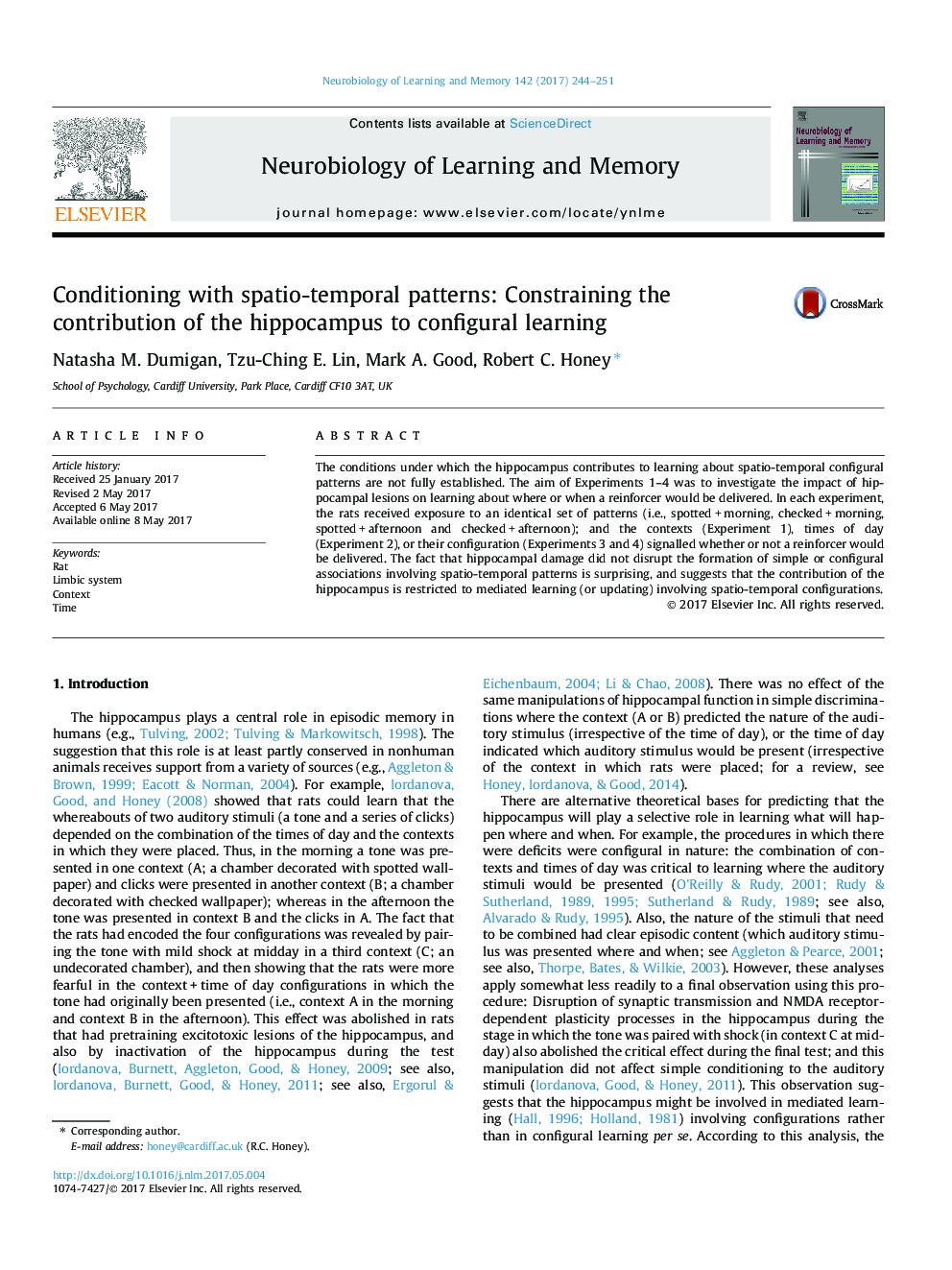 Conditioning with spatio-temporal patterns: Constraining the contribution of the hippocampus to configural learning