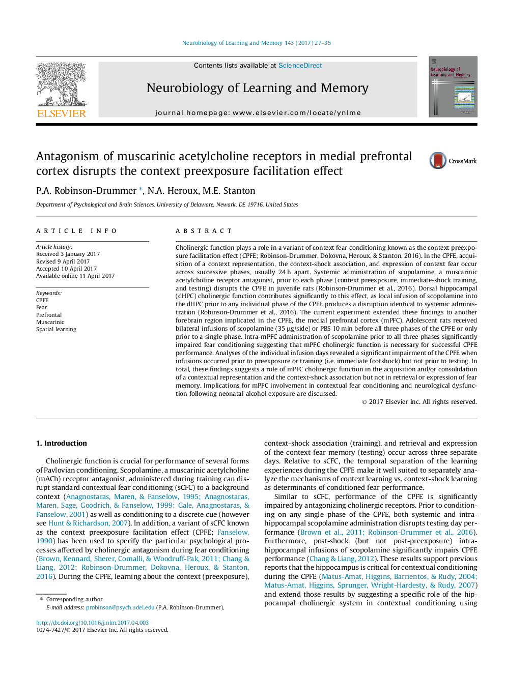 Antagonism of muscarinic acetylcholine receptors in medial prefrontal cortex disrupts the context preexposure facilitation effect