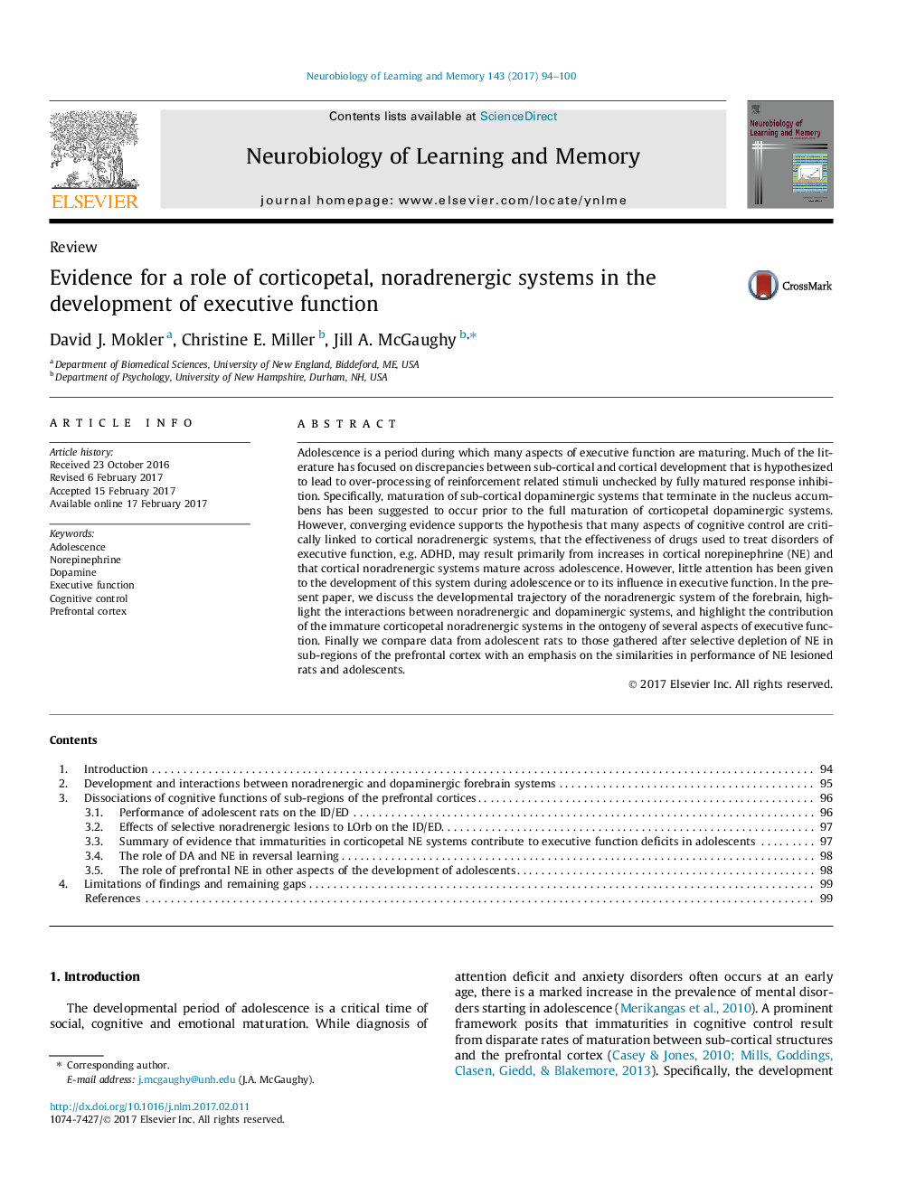 Evidence for a role of corticopetal, noradrenergic systems in the development of executive function