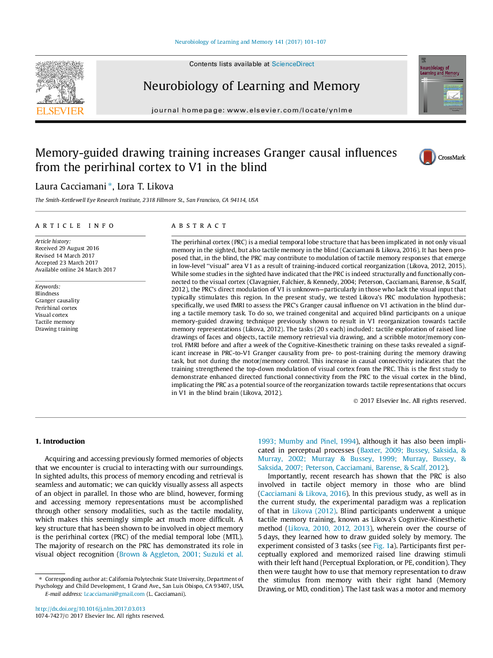 Memory-guided drawing training increases Granger causal influences from the perirhinal cortex to V1 in the blind