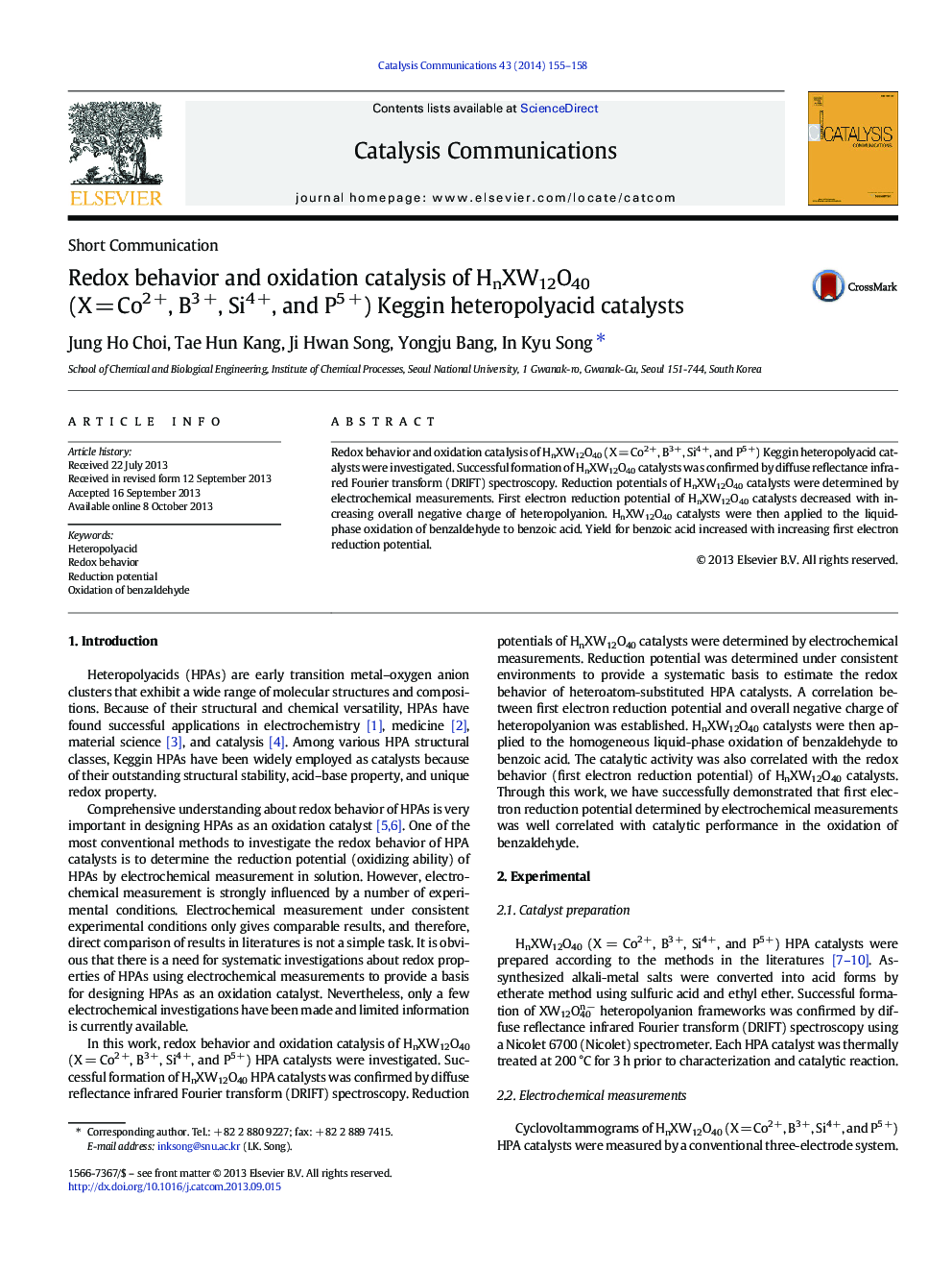 Redox behavior and oxidation catalysis of HnXW12O40 (X = Co2 +, B3 +, Si4 +, and P5 +) Keggin heteropolyacid catalysts