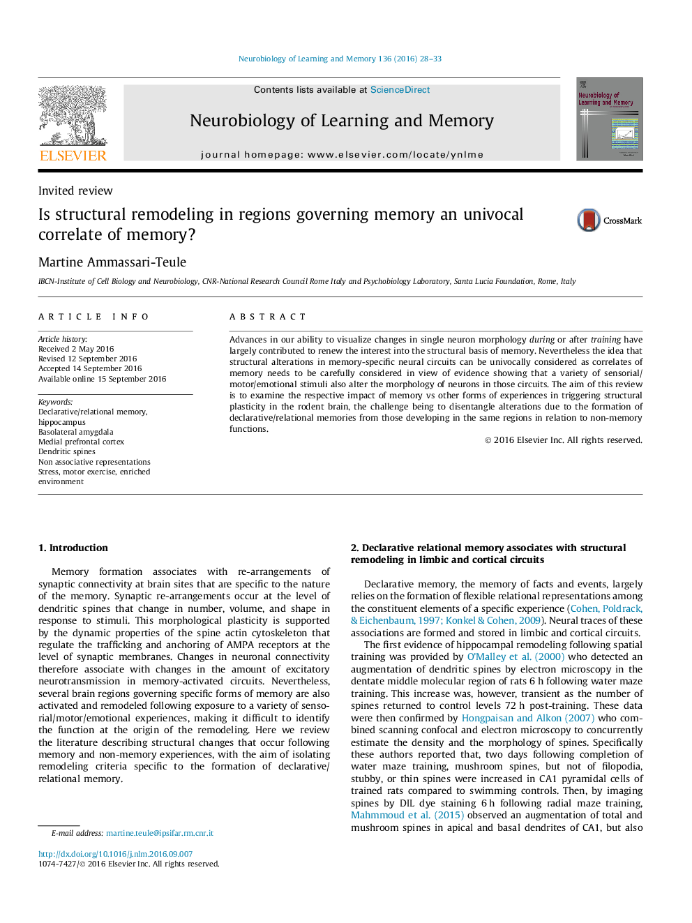 Invited reviewIs structural remodeling in regions governing memory an univocal correlate of memory?