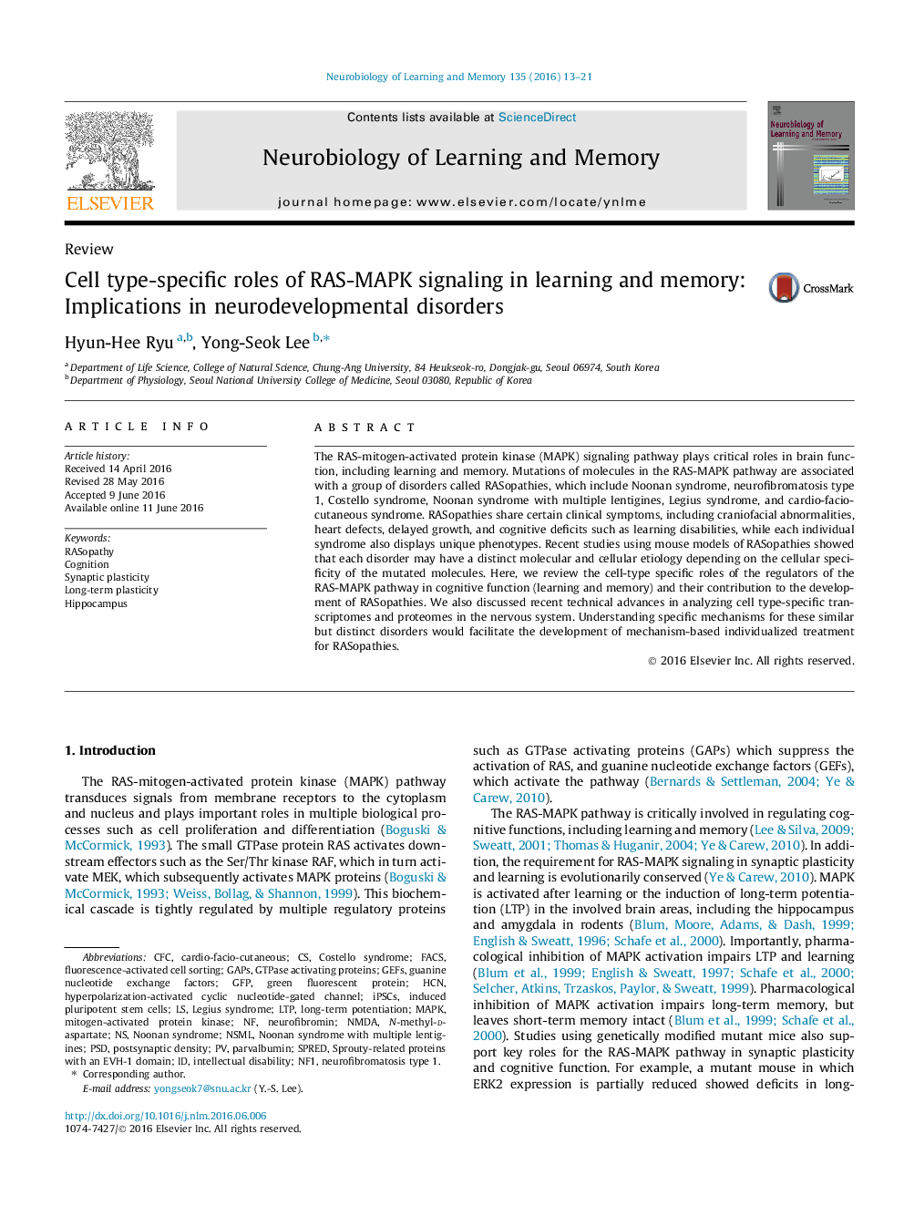 Cell type-specific roles of RAS-MAPK signaling in learning and memory: Implications in neurodevelopmental disorders