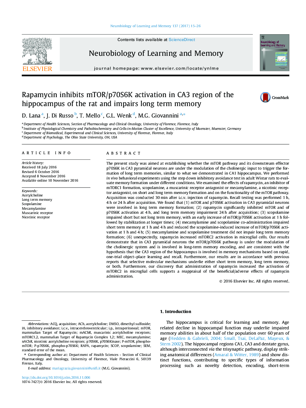 Rapamycin inhibits mTOR/p70S6K activation in CA3 region of the hippocampus of the rat and impairs long term memory