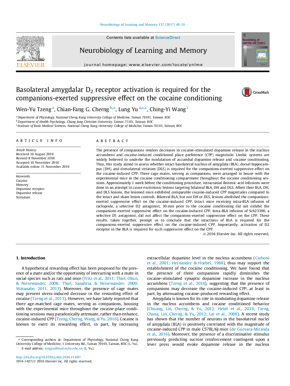 Basolateral amygdalar D2 receptor activation is required for the companions-exerted suppressive effect on the cocaine conditioning