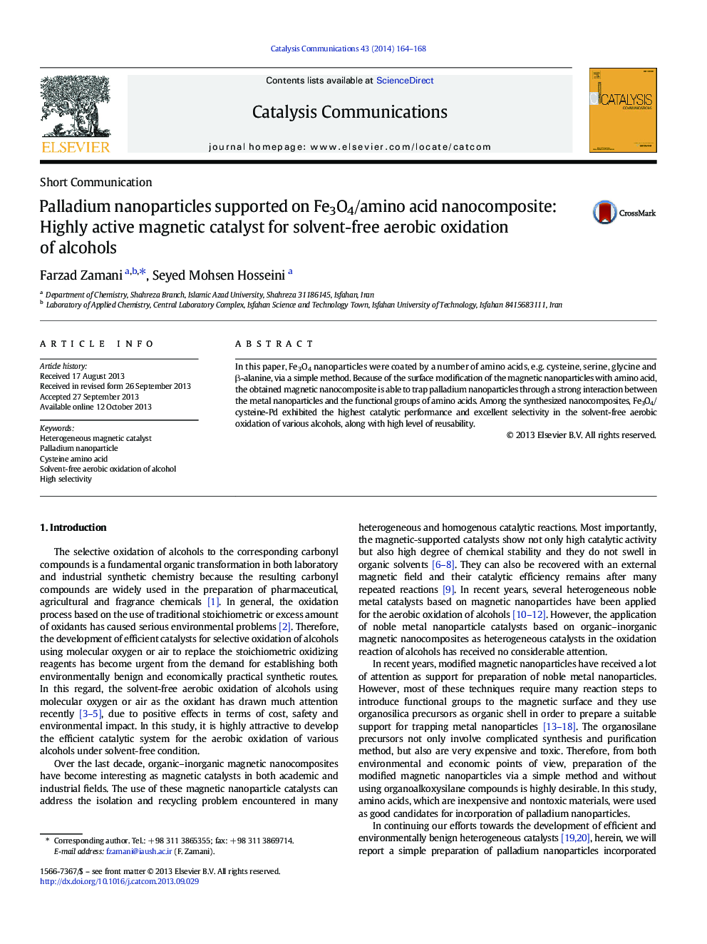 عکس صفحه اول مقاله: Palladium nanoparticles supported on Fe3O4/amino acid nanocomposite: Highly active magnetic catalyst for solvent-free aerobic oxidation of alcohols Palladium nanoparticles supported on Fe3O4/amino acid nanocomposite: Highly active magnetic catalyst for solvent-free aerobic oxidation of alcohols
