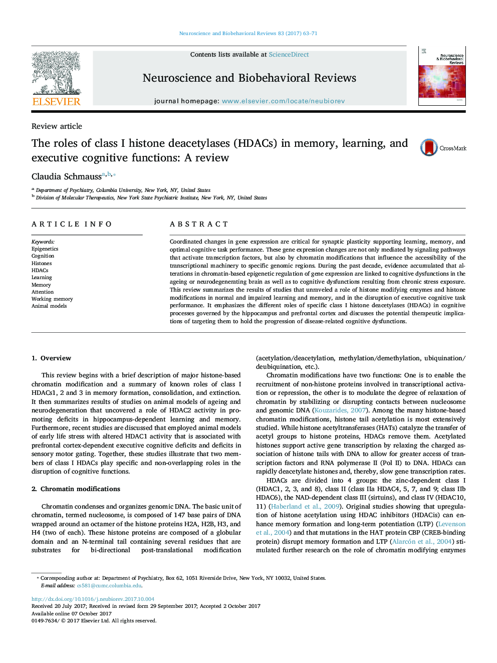 The roles of class I histone deacetylases (HDACs) in memory, learning, and executive cognitive functions: A review