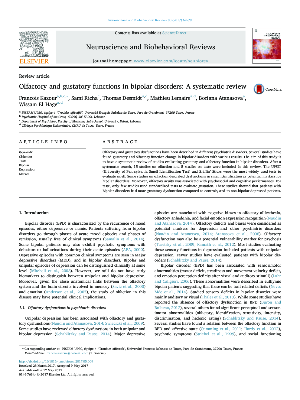 Olfactory and gustatory functions in bipolar disorders: A systematic review