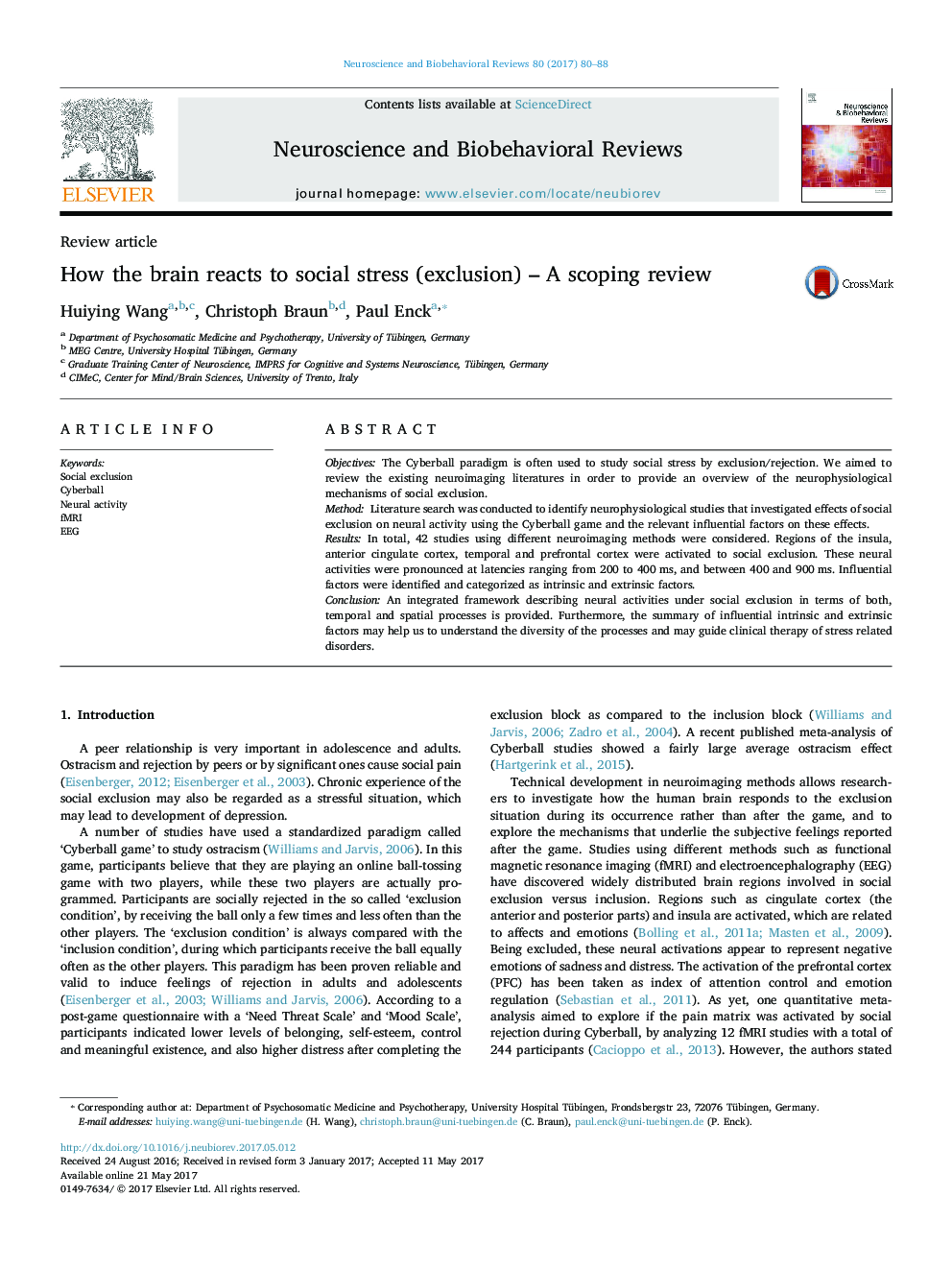 How the brain reacts to social stress (exclusion) - A scoping review